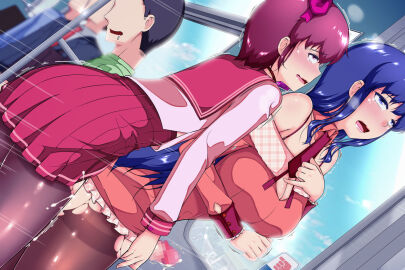 1boy 1futa anal_sex cg clothed clothing crossdressing femboy femboy_on_futa futanari hung_bottom intersex kyoudai_issho_mesu_ni_narimashita leaking_cum male male_on_futa mostly_clothed pantyhose public_sex public_transportation ten_no_katsuraya