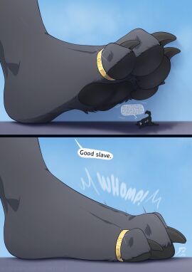 all_fours anthro ass ass_up banryu begging black_body black_fur blush bowing canid canine canis claws comic crush dialogue digit_ring duo emanata erection extreme_size_difference feet foot_crush foot_fetish foot_focus fur fuzzy genitals hi_res humanoid_genitalia humanoid_penis jewelry macro male mammal micro nude pawpads paws penis raised_tail ring rooc shadow simple_background size_difference slave sound_effects speech_bubble stepped_on tail text toe_ring toes wolf worship