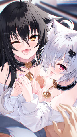 1boy 2girls absurdres ahoge bell black_collar black_hair breasts cat_hair_ornament collar cooperative_paizuri cum cum_in_mouth cum_on_body cum_on_breasts cum_on_hair cum_on_tongue facial female grey_hair hair_ornament hair_over_one_eye hasumi_(hasubatake39) highres jingle_bell kuon_(hasumi_(hasubatake39)) large_breasts long_hair male multiple_females multiple_girls naked_shirt neck_bell nipples oerba_yun_fang original paizuri pov red_eyes setsuna_(hasumi_(hasubatake39)) shirt short_hair teamwork_(sexual) tongue tongue_out yellow_eyes