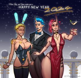 3girls aliz_(zhiv) ass bandage big_thighs blue_eyes blue_hair bowtie breasts breasts_bigger_than_head bunny_ears bunny_girl bunnysuit chocker clothed dress drinking drunk female flushed freckles freckles_on_breasts freckles_on_face happy_new_year horn huge_ass huge_breasts kiss_mark large_breasts lipstick looking_at_viewer mari_(zhiv) necklace new_year_2024 night_sky oc original original_character original_characters overflowing_breasts red_eyes red_hair scar small_breasts smiling smiling_at_viewer stars tan_body tanline tanned tanned_female tanned_skin tattoo tattoo_on_butt thighhighs thighs thin_waist tomboy tomboys tuxedo undercut yellow_hair yone_(zhiv) zhiv
