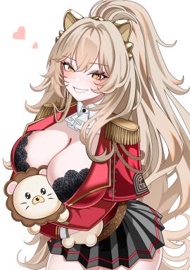 aiguillette animal_ears ascot azur_lane belt black_bra black_skirt blush bra breasts brown_hair cg cleavage epaulettes female grin heart holding jacket lace-trimmed_bra large_breasts lion_(azur_lane) lion_ears long_hair long_sleeves looking_at_viewer miniskirt official_alternate_costume pleated_skirt ponytail red_jacket simple_background skirt smile solo stuffed_animal stuffed_toy teddy_bear teeth underwear very_long_hair white_ascot white_background yellow_eyes