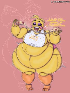 1girls animatronic animatronic_female bib big_belly big_breasts big_thighs breasts chicken chicken_girl chubby chubby_female eating eating_food eating_pizza fat fat_female female five_nights_at_freddy's five_nights_at_freddy's_2 fnaf katmissk4tt666 obese obese_female robot robot_girl scottgames solo toy_chica_(fnaf) toy_chica_(love_taste)