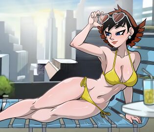 1girls 2024 2024s 2d 2d_(artwork) avengers belly_button big_breasts bikini blue_eyes brown_hair canonical_bikini canonical_scene centinel303 city_background clothed clothed_female color earring earrings female female_only full_color janet_van_dyne marvel marvel_animated_universe marvel_comics navel non-nude official_alternate_costume outdoors short_hair slim_female solo solo_female sunbathing sunglasses sunglasses_on_head the_avengers:_earth's_mightiest_heroes thighs upwing_bell wide_hips yellow_bikini