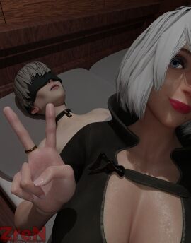 1boy 1girls 3d female male nier:_automata nier_(series) tired_male two-finger_salute yorha_2b yorha_9s zren