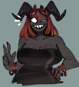 big_breasts big_horns black_dress bracelet breasts colored_nails dark_skin dress female horns looking_at_viewer open_mouth peace_sign readraws reahmi red_bracelet red_hair red_nails sharp_teeth small_horns smiling the_binding_of_isaac the_siren_(the_binding_of_isaac) tight_clothing tight_dress white_eyes winking_at_viewer