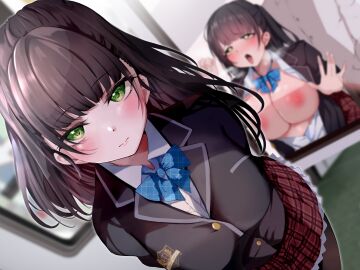 1boy absurdres against_glass black_hair black_jacket blurry blurry_background blush breast_press breasts breasts_on_glass breasts_out closed_mouth female green_eyes highres inset jacket large_breasts looking_at_viewer male nipples no_bra non-web_source open_clothes open_mouth open_shirt original raru_(nanaharararu) red_skirt school_uniform sex shirt skirt train_interior white_shirt