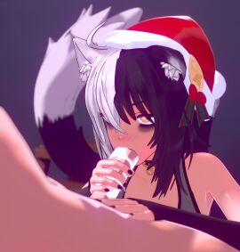 1boy 1girls anri_hollow arm_gloves blowjob cat_ears cat_girl cat_tail christmas clothed_sex cum cum_on_penis dick female fluffy_tail hollowsouls male neko oc orange_eyes penis santa_hat self_upload sex
