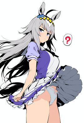 ahoge ai_generated animal_ears blue_eyes female grey_hair hair_ornament horse_girl long_hair oguri_cap_(umamusume) panties skirt_lifted tracen_school_uniform umamusume umamusume_pretty_derby unknown_artist white_panties wings