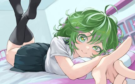 bed black_socks clothed clothing cute female fengling_(furin-jp) furin0241 green-haired_female green_eyes green_hair knee_socks kneehighs kneesocks laid legs_up my_hero_academia not_porn school_uniform smile socks tooru_hagakure tooru_hagakure_(visible)