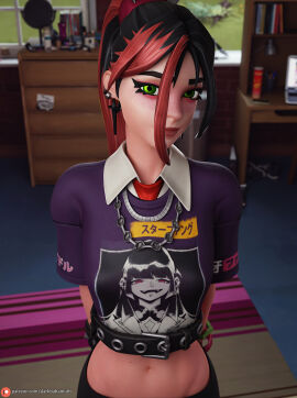 1girls 3d bedroom black_hair bracelets clothed darkbahamuth earrings eyebrows eyelashes female female_only fortnite freckles green_eyes hands_behind_back helsie_(fortnite) indoors jewelry lips looking_at_viewer midriff multicolored_hair navel necklace necktie petite pinup red_and_black_hair red_hair room shy solo teenage_female teenager young younger_female