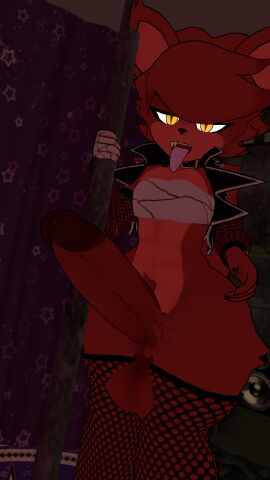 balls big_balls chest_wraps cock dick fexa fexa_(cryptia) fishnet_armwear fishnet_legwear five_nights_at_freddy's foxy_(cally3d) foxy_(fnaf) fredina's_nightclub hairy_crotch holding_pole horny_femboy huge_cock jacket looking_at_viewer male male_only penis rule_63 solo thick_hips thick_thighs tongue tongue_out vrchat vrchat_avatar