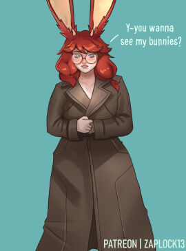 1girls alternate_version_available aurora_(league_of_legends) blue_eyes bunny_ears clothing exhibitionism exhibitionist female female_only glasses league_of_legends looking_at_viewer nerdy_female public red_hair riot_games shy solo_focus spots tagme text trenchcoat zaplock13