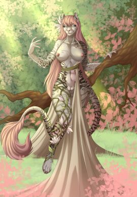 4_toes 5_fingers absurd_res accessory albtraumwach amaranth anthro black_stripes blue_eyes bondage bound breasts claws colored_nails cougar fangs feet felid feline female fingers flower flower_in_hair forest forest_background fur genitals green_background hair hair_accessory hi_res leaf mammal markings multicolored_body nails nature nature_background nipples nude nude_female personal_grooming pink_background pink_hair pink_nails pink_nipples pink_nose pink_vulva plant pussy restraints rope rope_bondage rope_harness simple_background solo striped_body striped_fur striped_markings stripes styling_hair teeth toes tree vulva