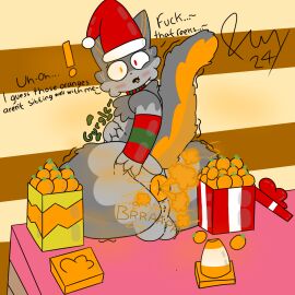 1:1 anthro anus ass big_ass big_butt blush bodily_fluids christmas christmas_clothing christmas_headwear clothing digital_media_(artwork) domestic_cat embarrassed fart fart_cloud fart_fetish felid feline felis femboy food freeway_(freewaythecat) freewaythecat fruit fur genital_fluids genitals gift grey_body hat headgear headwear hearts_around_head hi_res holidays male mammal musk musk_clouds nude one_eye_closed orange_(fruit) orange_body orange_fur plant presenting presenting_anus presenting_hindquarters puffy_anus santa_hat simple_background slightly_chubby smug_face solo spread_ass spread_butt spreading tail text tongue tongue_out traffic_cone