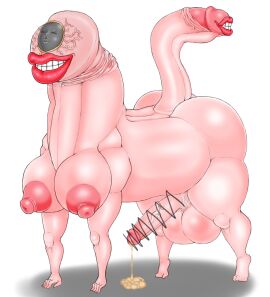 balls body_horror breasts clenched_teeth convenient_censoring cum cumdrip deia_(dia) dorse futanari highres huge_cock intersex large_balls large_breasts large_penis large_testicles nightmare_fuel penis queen's_stallion teeth testicles thick_lips transformation what wide_hips