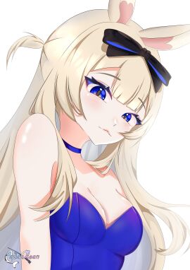 1girls :3 animal_ears artist_name bangs bare_shoulders black_choker blonde_hair blue_choker blue_eyes blue_leotard blush bow breasts bunny_ears bunny_girl bunnysuit choker cleavage closed_mouth collarbone diagonal_stripes eyebrows_visible_through_hair female hair_bow leotard long_hair looking_at_viewer medium_breasts solo strapless striped striped_background upper_body vertical_stripes virtual_youtuber vyugen white_background yenko