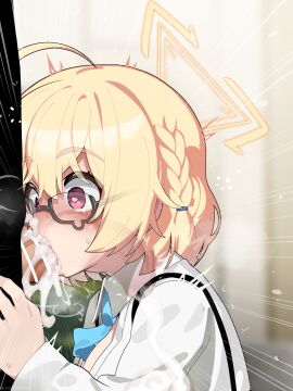 1boy 1girls absurdres ahoge bar_censor black-framed_eyewear blonde_hair blue_archive blue_necktie braid censored cum cum_in_mouth deepthroat engineering_department_(blue_archive) fellatio female glasses halo has_uncensored_version heart heart-shaped_pupils highres kotori_(blue_archive) long_sleeves male millennium_science_school_student mizumizuni necktie oral penis red_eyes semi-rimless_eyewear shirt short_hair solo_focus straight symbol-shaped_pupils under-rim_eyewear upper_body white_shirt yellow_halo
