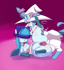 bite_mark blue_body bodily_fluids clothing duo eeveelution female feral generation_4_pokemon generation_6_pokemon genitals glaceon hat headgear headwear hi_res knot lufezito male male/female nintendo penetration penis pokemon pokemon_(species) purple_eyes pussy sex smile sweat sylveon tail tail_motion tailwag vaginal_penetration white_body