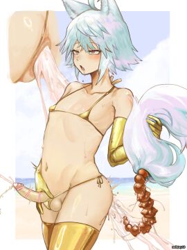 1boy absurdres anal_beads anal_tail animal_ears anus ass bar_censor bikini blue_hair blush censored cum cum_in_ass ejaculation elbow_gloves erection fake_tail femboy gloves gold_bikini gold_gloves gold_thighhighs highres male male_focus male_only micro_bikini nohtuy nohtuy18 open_mouth original otoko_no_ko penis red_eyes saliva sex_toy short_hair swimsuit tail trap