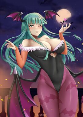 1girls alternate_version_available animal_print bat bat_print big_breasts black_leotard breasts clothing darkstalkers demon female female_only full_moon green_eyes green_hair head_wings large_breasts leotard long_hair looking_at_viewer moon morrigan_aensland one_eye_closed ryuuneart solo succubus succubus_costume succubus_wings wings wink