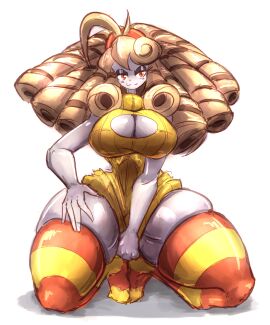 1girls 2020s 2024 2d 2d_(artwork) :3 big_breasts blonde_hair breasts cleavage clothed clothing eyeshadow female female_focus female_only hi_res highres large_breasts leotard mokkoyu momo_(mokkoyu) on_knees red_eyes smiling smiling_at_viewer solo solo_female solo_focus striped_thighhighs thighhighs white_body white_skin