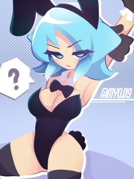 1girls ? blue_eyes blue_hair bowtie bunny_ears bunny_tail bunnysuit deva_(gwain_saga) gwain_saga solo solo_female tagme