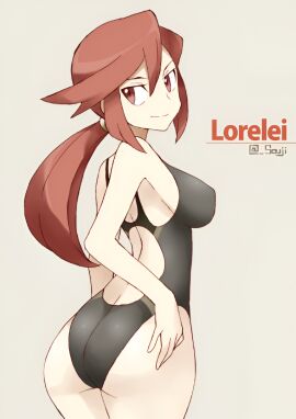 armpit_crease ass back_cutout bare_arms bare_shoulders big_breasts black_one-piece_swimsuit breasts closed_mouth competition_swimsuit female long_hair lorelei_(pokemon) mature_female one-piece_swimsuit pokemon red_eyes red_hair shigino_sohuzi smile swimsuit