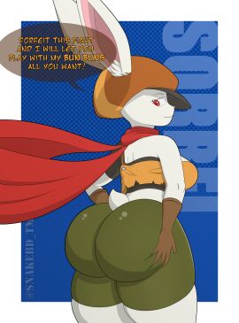 1girls alternate_version_available anthro anthro_only ass big_ass bottomwear breasts bubble_ass bubble_butt bunny bunny_ears bunny_girl bunny_tail clothing dragon_ball dragon_ball_super english english_text female female_only green_short hand_on_ass hat headwear huge_ass large_ass looking_back neckwear red_eyes red_scarf scarf shorts sideboob snakebd solo solo_female sorrel speech_bubble text topwear white_body white_skin
