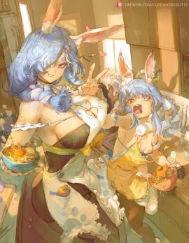 absurd_res animal_ears big_breasts blue_and_white_hair blush breasts breasts_bigger_than_head bunny_ears bunny_girl bunny_tail carrot cutesexyrobutts female food fully_clothed funny hair_covering_eye heart heart_symbol hololive hololive_fantasy hololive_japan kitchen large_breasts milf mother_and_daughter pekomama red_eyes side_boob size_difference small_breasts tagme thick_thighs two-tone_hair usada_pekora v_sign virtual_youtuber