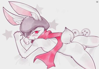 anthro ass buckteeth c3ilin clothing dragon_ball dragon_ball_super female genitals hat headgear headwear hi_res lagomorph leporid long_ears looking_at_viewer looking_back looking_back_at_viewer lying mammal nude on_front pussy rabbit red_eyes scarf slim_anthro slim_female solo sorrel sorrel_(dragon_ball_super) teeth