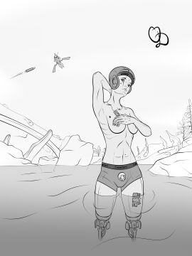 ballista_(warframe) calvin_clem dog_tags excalibur_(warframe) female grineer helmet looking_at_viewer missile oracle_dominus partially_nude prosthesis river spying tattoo topless warframe