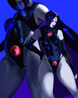1girls blue_background cape dc dc_comics female hand_on_hip leotard mashingvaquita multiversus purple_hair purple_lips raven_(dc) raven_(multiversus) red_eyes short_hair skin_tight solo standing teen_titans thick_thighs thong_leotard white_skin