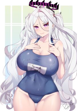 aged_up big_breasts blue_archive demon_girl gehenna_academy_student halo highres hina_(blue_archive) hina_(swimsuit)_(blue_archive) huge_breasts long_hair lovesexieie non-canonical_breasts non-canonical_size prefect_team_(blue_archive) purple_eyes skin_tight swimsuit swimwear