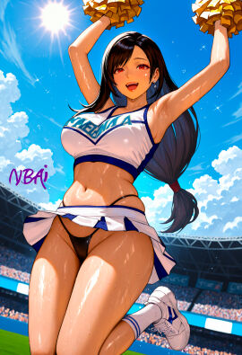 ai_generated anime anime_style big_breasts black_hair cheerleader cheerleader_uniform crop_top day long_hair nbai_art pom_poms red_eyes smile stadium sweat thick_thighs tifa_lockhart wet