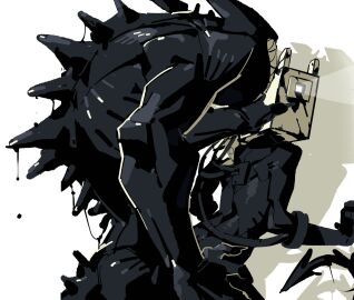 1boy ambiguous_gender bendy bendy_and_the_ink_machine claws cracker68659106 highres holding_another's_head ink ink_bendy ink_demon male male_only muscular muscular_male norman_polk object_head original pipebomb_(cracker68659106) sex size_difference tail the_projectionist white_background