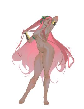 absurdres aphrodite aphrodite_(hades) arm_behind_head arm_up armlet armpits barefoot bracelet breasts casual_nudity completely_nude divine_slut english_commentary feet female goddess gold_armlet groin hades_(game) hades_(series) hades_2 hair_censor hair_ornament hair_over_breasts hand_in_own_hair heart heart_hair highres jewelry large_breasts laurel_crown long_hair looking_at_viewer multiple_bracelets navel nipples nude nudist open_mouth parted_bangs pink_eyes pink_hair pink_lips ribs smile solo standing thick_lips toenails toes very_long_hair white_background yuiga_cyako