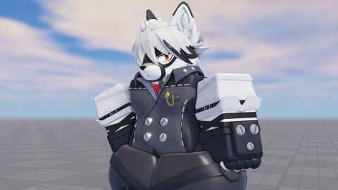 1boy 3d anthro baseplate blocky_body caffinatedbuns clothed femboy fingerless_gloves male male_only red_eyes roblox robloxian solo_male tagme victoria_housekeeping von_lycaon white_body white_fur white_hair zenless_zone_zero