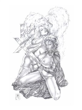 2girls black_and_white black_queen breasts breasts_out emma_frost female female_only gene_espy hellfire_club jean_grey large_breasts marvel marvel_comics nipples topless topless_female traditional_art traditional_media_(artwork) white_queen x-men yuri