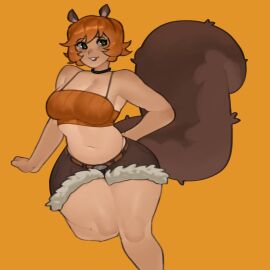 1girls big_breasts breasts brown_hair busty cleavage doreen_green female green_eyes hips_wider_than_shoulders light-skinned_female light_skin marvel marvel_comics marvel_rivals midriff orange_background rayschera shorts squirrel_ears squirrel_girl_(marvel) squirrel_girl_(marvel_rivals) squirrel_tail thick thick_thighs