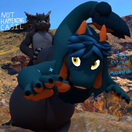 absurd_res anthro balls big_balls big_penis bovid capcom caprine cock_head_gulp cock_vore day dialogue dragon duo flying_wyvern genitals goat hi_res huge_cock hybrid hyper hyper_genitalia hyper_penis male male/male mammal monster_hunter mythological_creature mythological_scalie mythology nargacuga penile penis scalie text urethral_bulge vikvillince villince vore