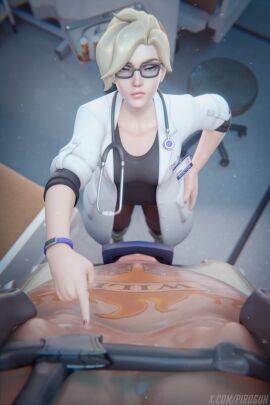 1boy 1girls 3d blizzard_entertainment dr._ziegler fat_male female glasses labcoat looking_at_viewer male male/female male_pov medical_examination mercy overwatch partial_male piroguh pov roadhog stethoscope tagme