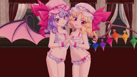 2girls 3d bat_wings blonde_hair female flandre_scarlet interlaced_fingers looking_at_viewer mmd remilia_scarlet sapphiercity sisters smiling tagme touhou underwear vampire vampire_girl wings