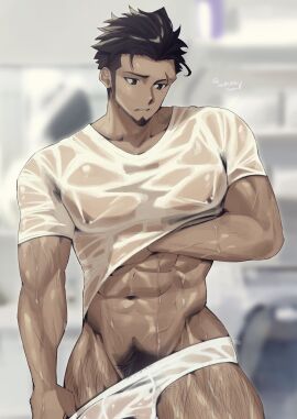 1boy abs balls bara big_pecs black_hair body_hair briefs brown_skin chest_hair ear_piercing erect_nipples excessive_sweat facial_hair girthy goatee goburin_second hairy hairy_male hairy_thighs harumi_(goburin_second) heavy_sweating human human_only male male_chest male_only male_pubic_hair muscles muscular muscular_male muscular_thighs navel nipples nipples_bulge nipples_visible_through_clothing original original_character pecs penis pierced_nipples piercings pubic_hair removing_underwear shirt_lift six_pack solo solo_male standing sweat sweatdrop sweating sweaty thick_penis thick_thighs underwear undressing v-line v-taper wet wet_body wet_briefs wet_clothes wet_shirt wet_skin wet_underwear white_briefs white_shirt white_underwear yaoi