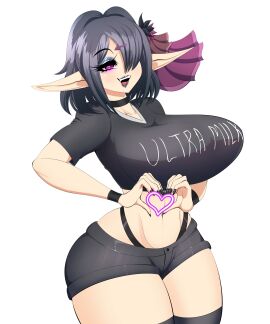 1girls big_breasts black_hair breasts busty curvy elara_(vtuber) elf elf_ears elf_female female goth goth_girl hair_over_one_eye heart heart-shaped_pupils heartberrie lipstick makeup pointy_ears purple_eyes shirt short_hair simple_background t-shirt thick_thighs thighs virtual_youtuber white_background