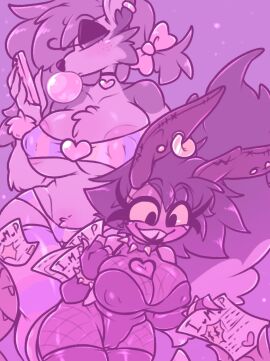 2022 absurd_res aipeco18 anthro areola areola_slip big_breasts breasts bubble_gum bunny_costume camel_toe cameltoe canid canid_demon canine cellphone chest_tuft clothed clothing collar costume crotch_tuft demon demon_humanoid duo_focus electronics female female_focus fur group hellhound helluva_boss hi_res humanoid imp loona_(helluva_boss) mammal millie_(helluva_boss) mythological_canine mythological_creature mythology nipple_outline phone pussy skimpy spiked_collar spikes tuft vivienne_medrano vivziepop white_body white_fur