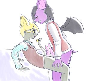 anthro bat blonde_hair bottomless clothed clothing domestic_cat duo felid feline felis fours_(artist) frottage grey_body hair handjob hi_res jack_(fours) jacket male male/male mammal mutual_handjob mutual_masturbation penile penis purple_body sex topwear vest