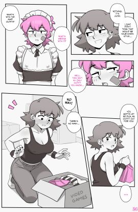 1boy 1girls 2d big_breasts breasts comic comic_page crossdressing dross english_text female femboy maid maid_uniform male nipples no_sex original original_characters partially_colored pink_hair revealing_clothes roxanne_(dross) sperm_cell tagme tank_top taylor_(dross)