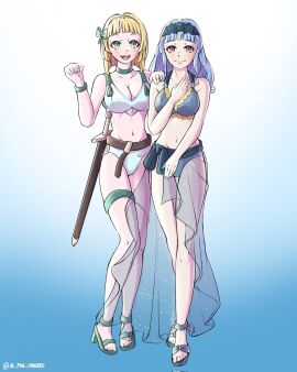 2girls :d alternate_costume alternate_hairstyle blonde_hair blue_bikini blue_hair blue_swimsuit breasts cleavage el_pan_frances female female_only fire_emblem fire_emblem:_three_houses fire_emblem_heroes fire_emblem_warriors:_three_hopes green_eyes hairband hand_on_own_chest high_heel_sandals high_heels ingrid_brandl_galatea light_blue_bikini light_blue_hair light_blue_swimsuit long_hair looking_at_viewer marianne_von_edmund marianne_von_edmund_(summer) medium_breasts medium_hair multiple_females multiple_girls official_alternate_costume official_alternate_hairstyle open_mouth sandals sarong see-through smile yellow_hair