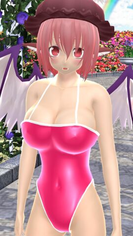 1girls 2023 3d adult_female armpit_crease belly_button blush breasts clavicle cleavage female garden hat hati_yukkuri_mmd headwear hips kemonomimi light-skinned_female light_skin looking_at_viewer mmd mystia_lorelei open_mouth outdoors pink-haired_female pink_eyes pink_swimsuit short-haired_female solo_female solo_focus swimsuit touhou waist wings youkai
