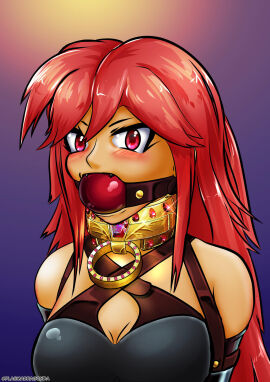 1girls armbinder ball_gag bondage bound collar female female_only femsub fully_clothed gag gold_(metal) gold_collar gold_eyes gold_jewelry ignesia_(erkal0) metal_collar original plasma-dragon red_hair ruby_(gem) tagme
